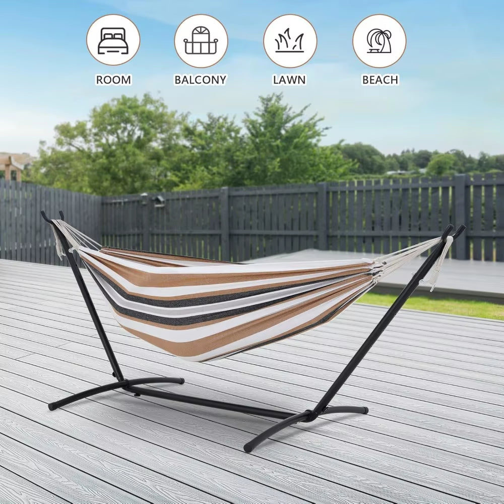 NEW Double Hammock with Stand Included 450Lb Capacity Space Saving Steel Stand,Premium Carry Bag Included(Coffee),Fast Delivery