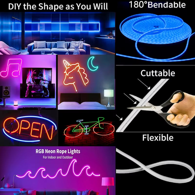 RGB Neon LED Strip 1/2/3/5M IP65 Waterproof DIY USB Neon Strip Tuya App Remote Control Flexible Ribbon for Home Decor Lighting