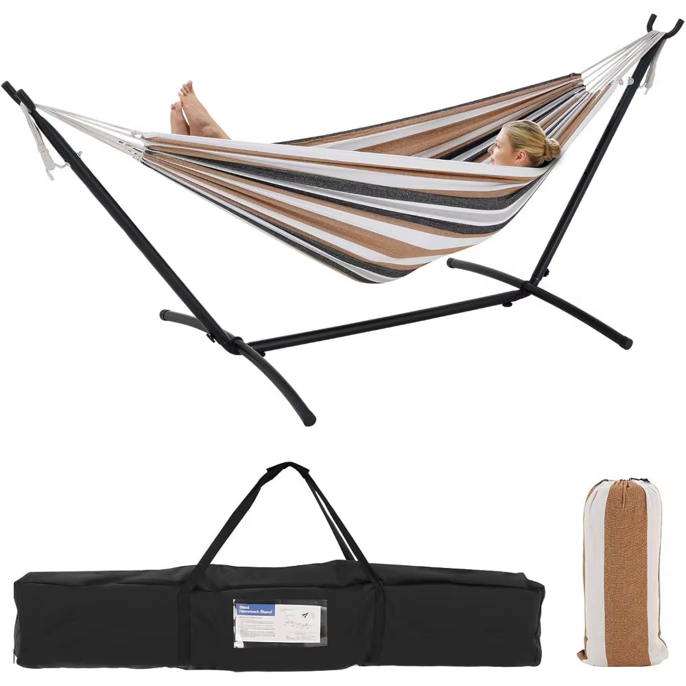 NEW Double Hammock with Stand Included 450Lb Capacity Space Saving Steel Stand,Premium Carry Bag Included(Coffee),Fast Delivery