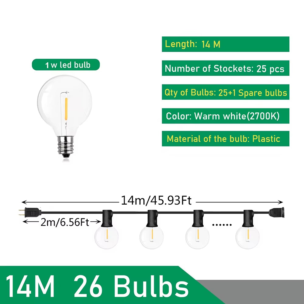 Outdoor String Lights LED G40 Dimmable Party Garland Globe Bulbs String Lamp for Street Patio Garden Backyard Camping Decoration