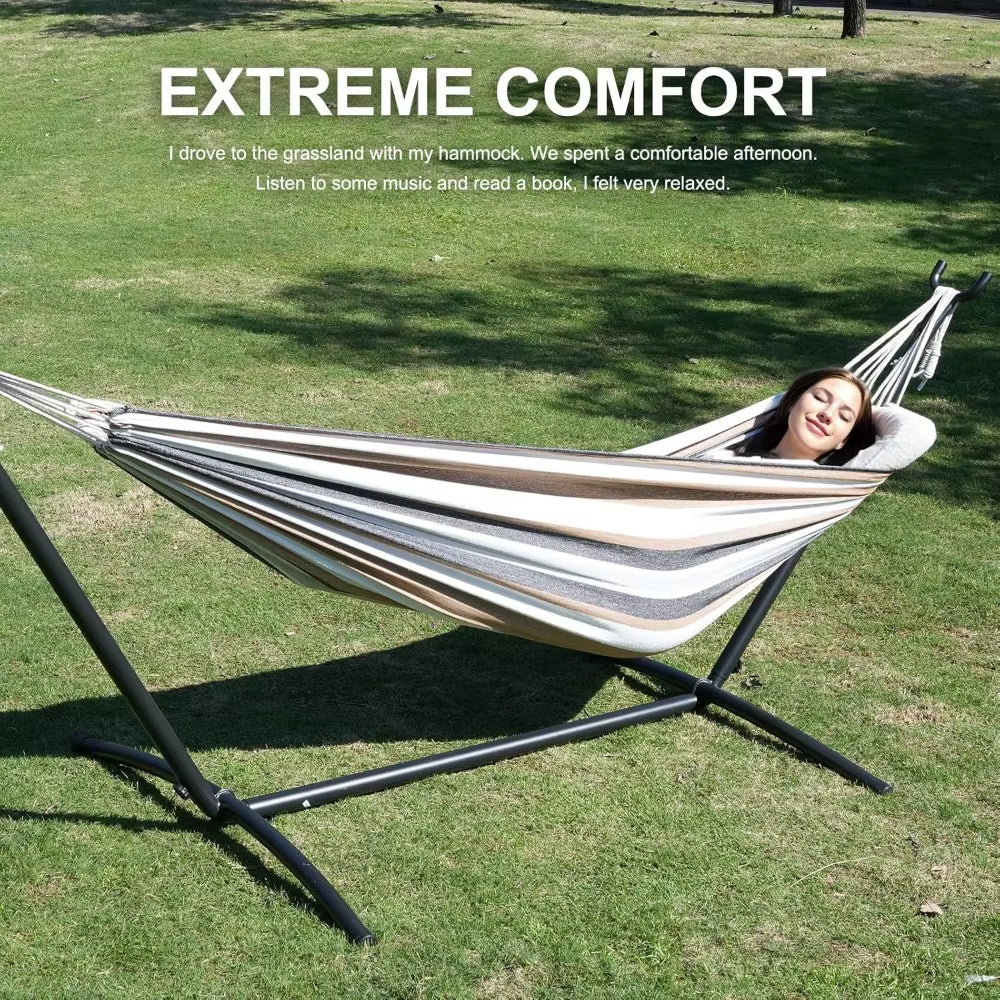 NEW Double Hammock with Stand Included 450Lb Capacity Space Saving Steel Stand,Premium Carry Bag Included(Coffee),Fast Delivery