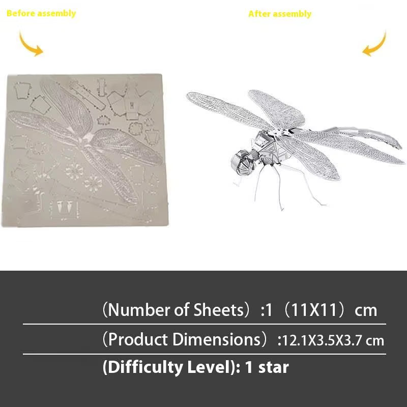 3D Metal Dragonfly Model - Creative Insect Series Puzzle Jigsaw DIY Assembly Toy for Adults and 14+ Kids Gift
