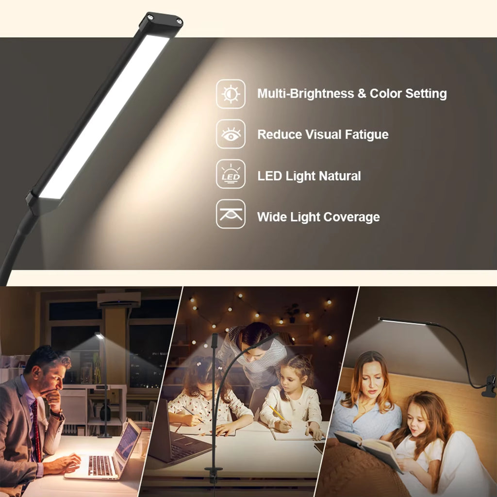 10W LED Desk Lamp with Clamp Dimmable Clip on Reading Light 10 Brightness Level 3 Lighting Modes Flexible Study Table Lamp USB