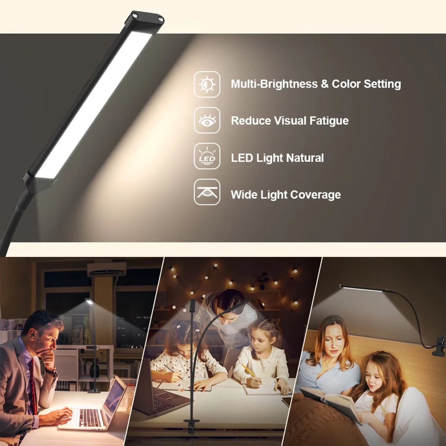 10W LED Desk Lamp with Clamp Dimmable Clip on Reading Light 10 Brightness Level 3 Lighting Modes Flexible Study Table Lamp USB