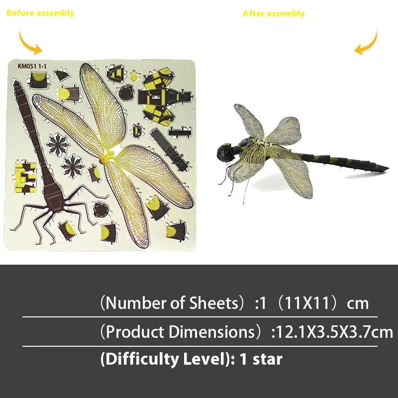 3D Metal Dragonfly Model - Creative Insect Series Puzzle Jigsaw DIY Assembly Toy for Adults and 14+ Kids Gift