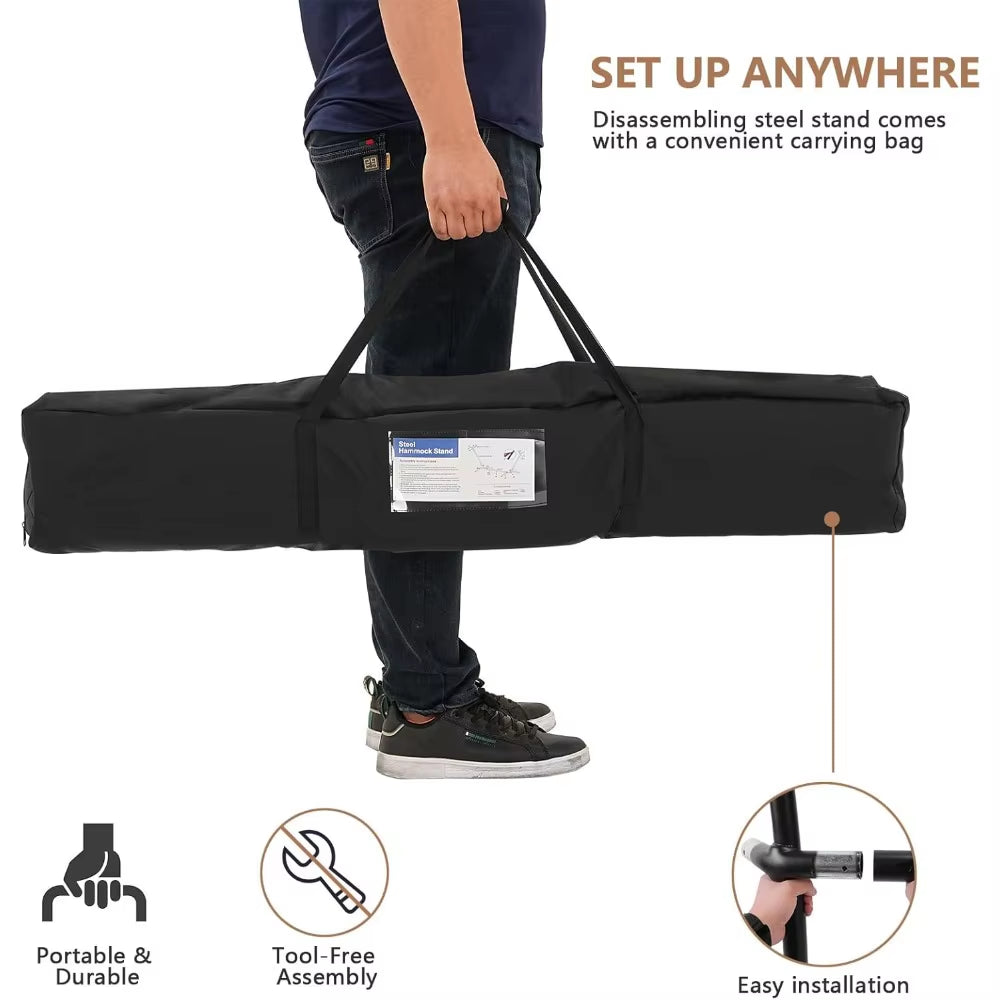 NEW Double Hammock with Stand Included 450Lb Capacity Space Saving Steel Stand,Premium Carry Bag Included(Coffee),Fast Delivery