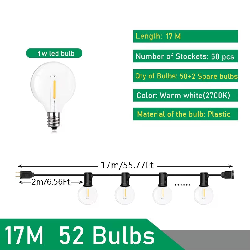 Outdoor String Lights LED G40 Dimmable Party Garland Globe Bulbs String Lamp for Street Patio Garden Backyard Camping Decoration