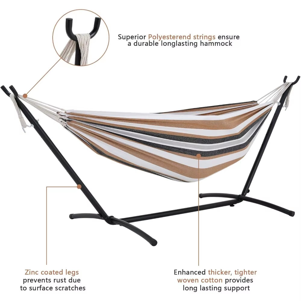 NEW Double Hammock with Stand Included 450Lb Capacity Space Saving Steel Stand,Premium Carry Bag Included(Coffee),Fast Delivery